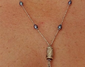 Long chain, long beads, 925 silver chain with blue pearls, vintage sterling silver, boho style, rare beads, original design, for her, gift.