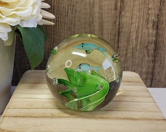 Vintage Hand Blown Art Glass Green Swirl Paperweight with Two Fish & Bullicante | Gifts for Paperweight Collectors Birthday Gifts