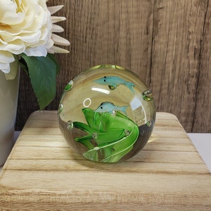 Vintage Art Glass Paperweight: Green Swirl, Two Fish, Bullicante