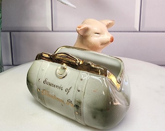 アンティーク Piggery Pottery陶器製ランプ サイン入り希少 Antique Victorian Pink Pig Fairing, Allentown Souvenir, Made in