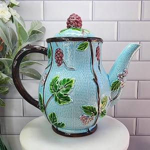 Vintage Shafford Majolica Teapot: Baby Blue Berry Vine Ceramic, 1980s