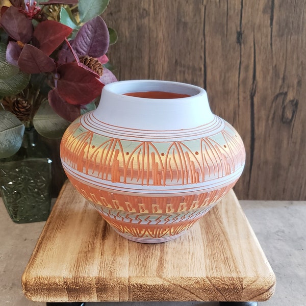 Signed Limited Edition Manuel Yellowhair "Tuba City" Etched Navajo Pottery Vessel with Artist Paperwork & COA | Southwestern Home Decor Gift