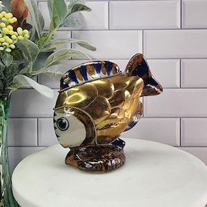 Vintage Brass and Tonala Pottery Small Fish Figurine Handmade Brass Pottery Gift for Fish Lover Tonala Pottery Gift Vintage Brass Collector