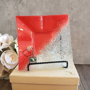 Vintage Murano zweifarbige strukturierte Glasplatte mit Murano-Tag und Originalverpackung | Geschenke für Glassammler Geschenke für Muranosammler