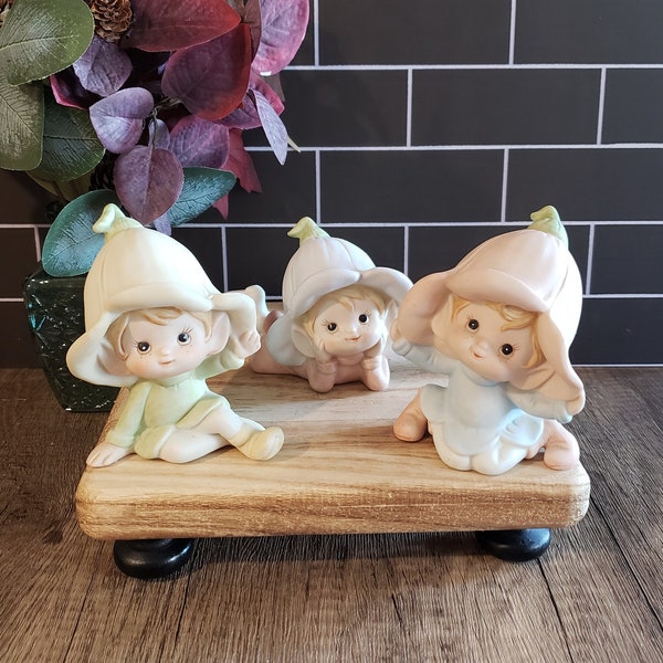 1970's HOMCO Porcelain Flower Pixie Elves Set of 3 Figurines | Pink, Blue & Green | Nursery Decor Baby Shower Gifts