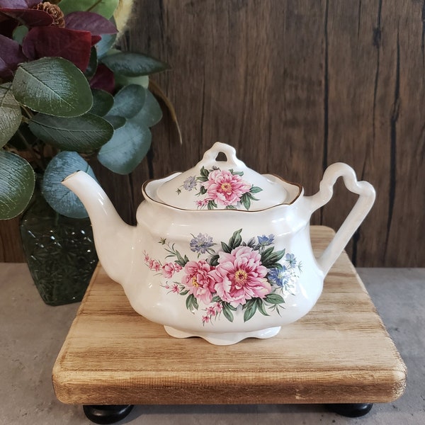 1950's Arthur Wood & Son Staffordshire England Floral Pink Peony Porcelain Teapot with Gold Gilding #6543 | Made in England | Tea Lover Gift
