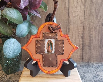 Virgin Mary Copper Cross on Terracotta Tile: Lady of Guadalupe Hanging Decor