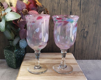Vintage R. Foster Hand Blown Wine Glasses: Pink Confetti Set