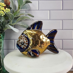 Vintage Brass and Tonala Pottery Small Fish Figurine Handmade Brass Pottery Gift for Fish Lover Tonala Pottery Gift Vintage Brass Collector