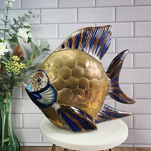 Vintage Brass and Tonala Pottery Large Fish Figurine Handmade Brass Pottery Gift for Fish Lover Tonala Pottery Gift Vintage Brass Collector