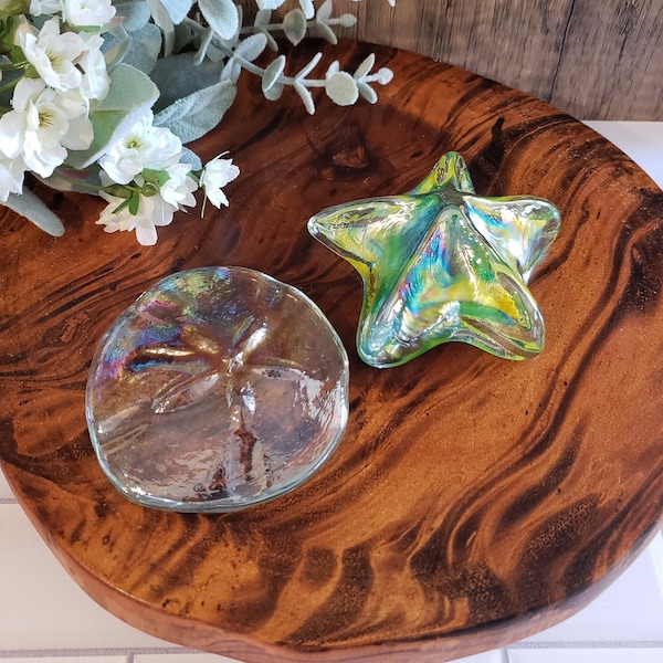 Vintage Iridized Glass Oceanic Paperweight Set - Sand Dollar and Starfish | Coastal Decor Gifts for Beach Lover Ocean Theme Gifts