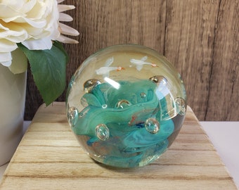 Vintage Hand Blown Art Glass Teal Swirl Paperweight with Two Geese & Bullicante | Gifts for Paperweight Collectors Birthday Gifts