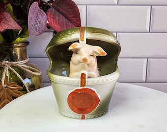 Antique Victorian Fairing: Pink Pig in Hat Box, Made in Germany