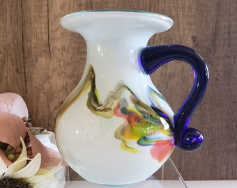 Vintage Venetian Style Art Glass Pitcher: Multicolor Flower Vase