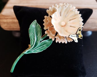 1960s Sandor Co. Carnation Brooch: Goldtone Enamel Flower Pin