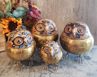 Signed ALEXANDER BLAZQUEZ Vintage Brass & Tonala Pottery Owl Sculptures | Only Large Option Remaining | Made in Mexico