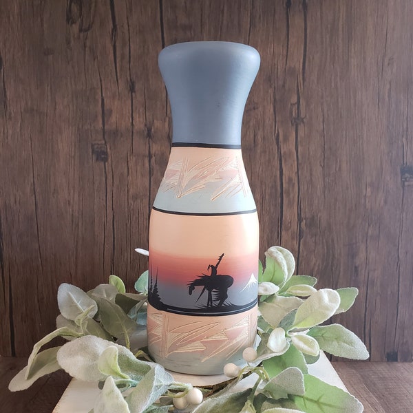 Vintage Signed Navajo Etched Sunset Desertscape Carafe Shape Pottery Vase | Handmade Pottery Gifts Southwestern Home Decor Gifts