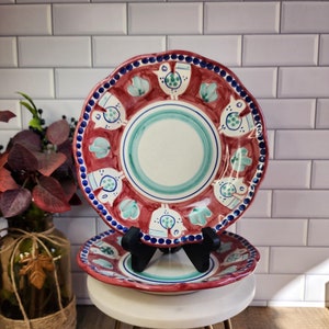 Vintage Italian Nuova Vietri &quot;Campagna Chicken&quot; Red Border/Blue Dots Retired Pottery Salad/Side Plate Set | Italian Pottery Collector Gift