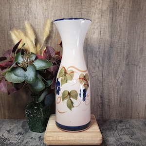 Vintage Pacific Stoneware Hand Painted 1970 Grapevine Wine Carafe Pottery Vase Signed B Welsh Gift for Wine Lover Kitchen Pottery Decor Gift