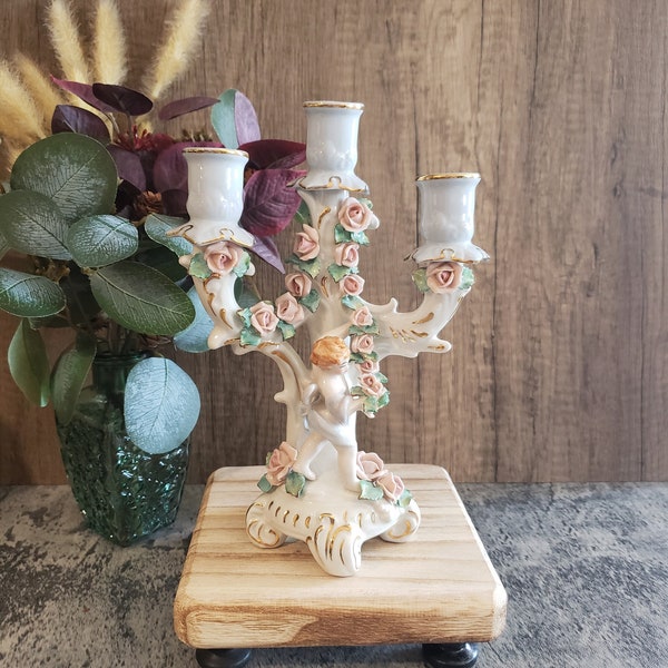 Vintage Heirlooms of Tomorrow Ornate Cherub & Rose Triple Candelabra with Gold Gilding Anniversary Gift Wedding Gift Mother's Day Gift
