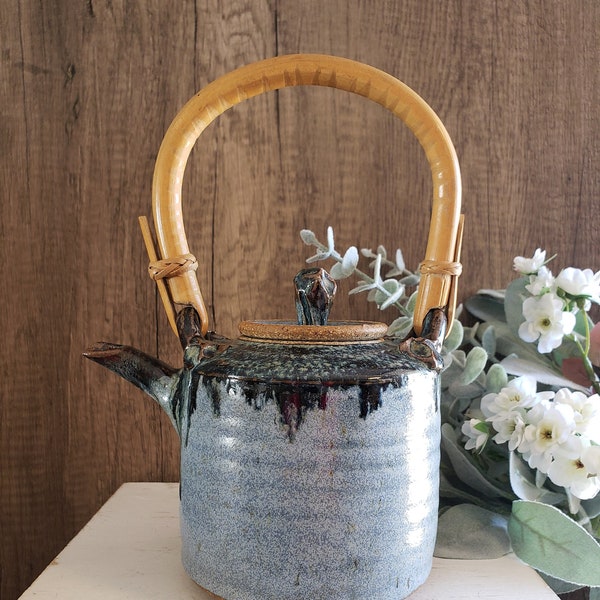 Handmade Studio Pottery Drip Glaze Teapot with Lid and Bamboo Handle | Gifts for Tea Lovers Vintage Pottery Gifts Handmade Gifts