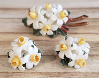 Vintage Capodimonte Porcelain Daffodil Pin & Clip Earring Set - Napoli of Italy