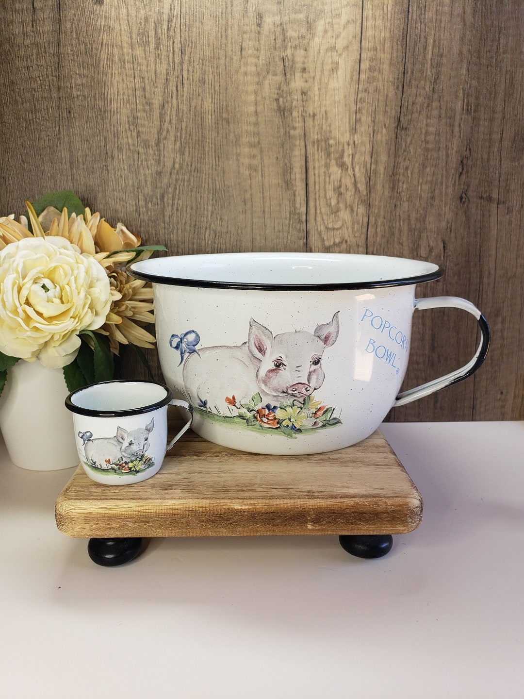 Vintage DAUGHERTY STUDIO Hand Painted Pig Enamelware Popcorn Pot With