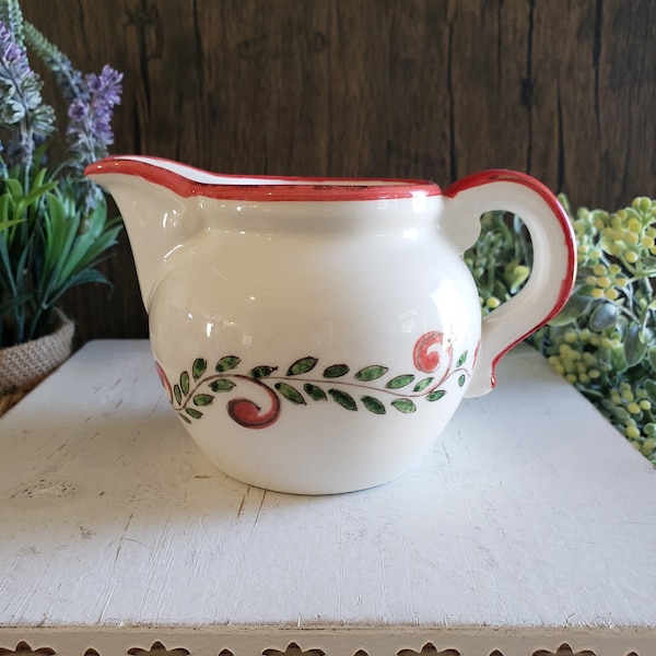 Vintage Ceramic White with Red Floral Design Gravy Boat Hand Painted Creamer Italian Pitcher | Made in Italy | Italian Kitchenware Gifts