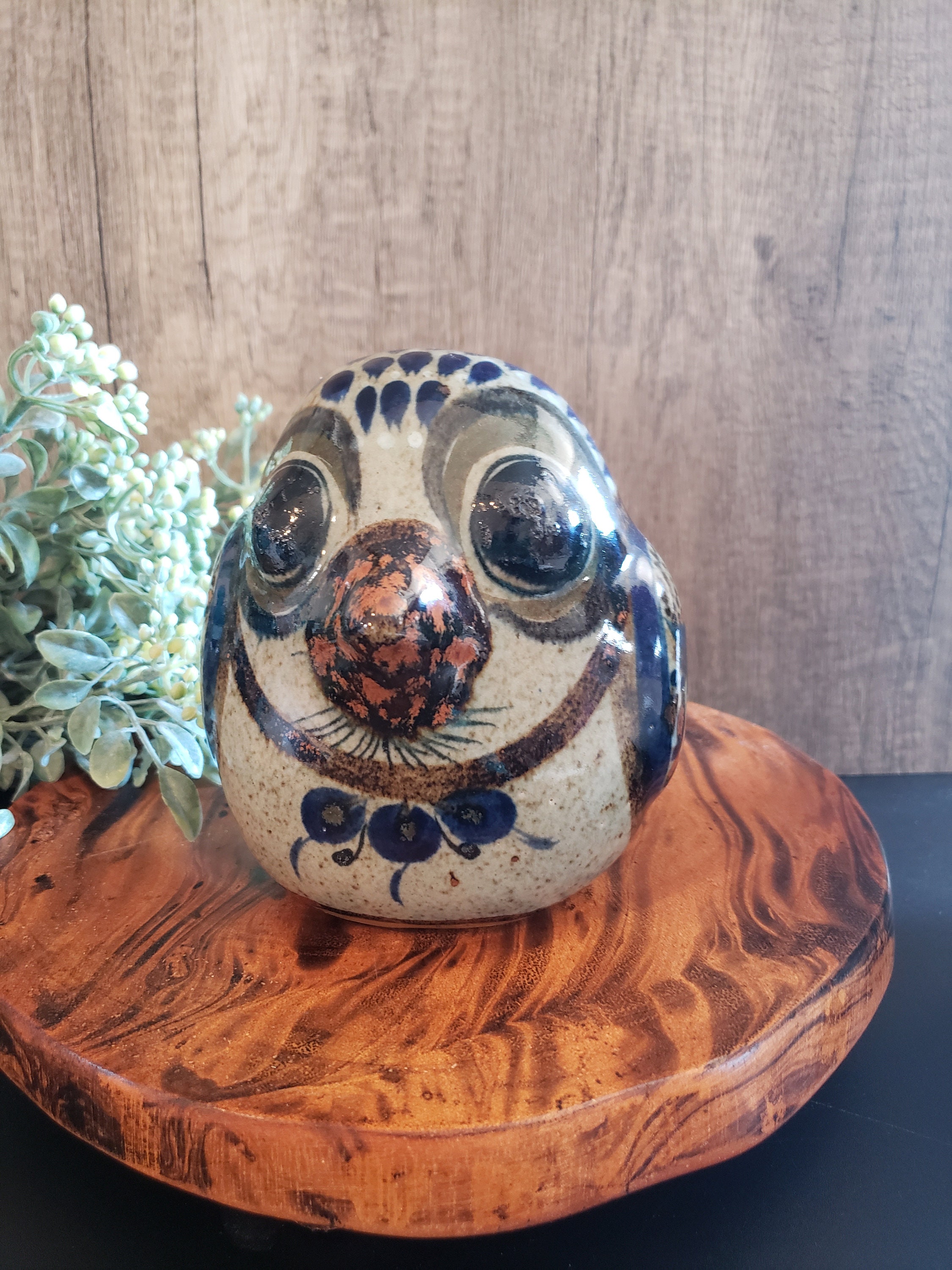 Vintage Signed Salvador Vasquez Tonala Owl Figurine - Handmade and Hand Painted in Mexico