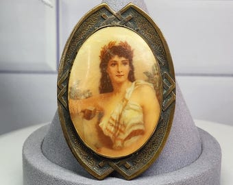 Antique Art Nouveau Celluloid Cameo Brooch: Hand Painted Portrait Pin