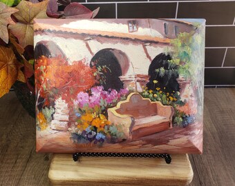 Vintage Signed Bruder Oil Painting: "Capistrano Bench" Villa Scene