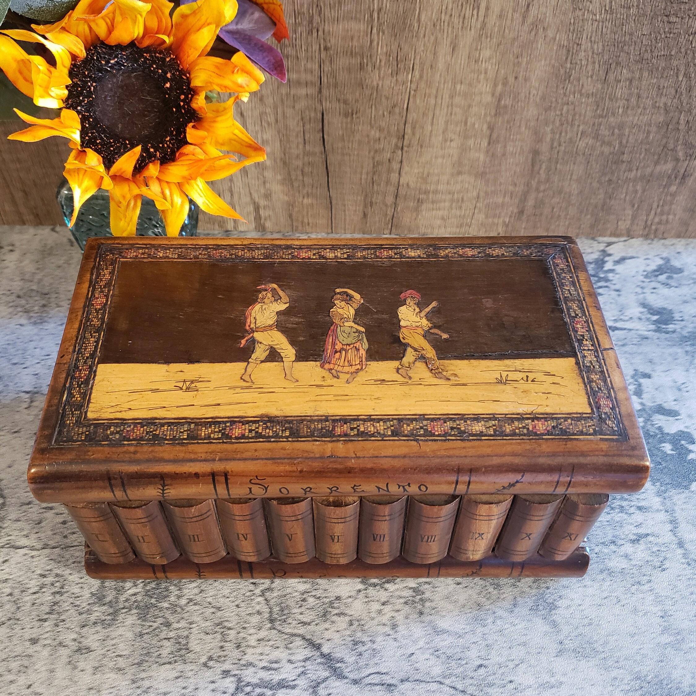 Antique Italian Sorrento Olive Wood Inlaid Keepsake Box With Folk