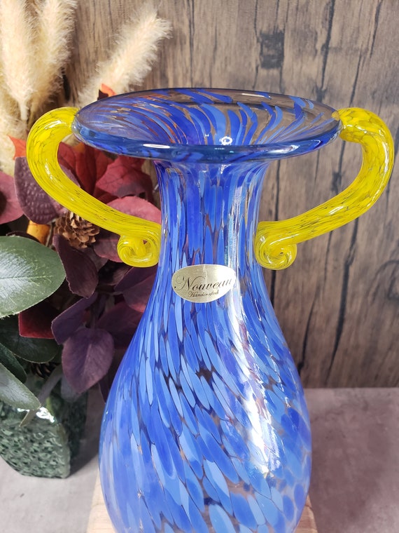 Vintage Nouveau Art Glass Vase: Blue Speckled Glass With Yellow