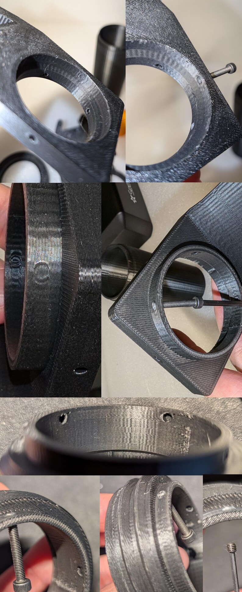 May include: Close-up of a black 3D printed object with a circular opening and a screw hole. The object has a textured surface and appears to be a part of a larger assembly.