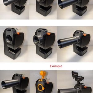 May include: A black 3D printed camera mount with an orange accent. The mount has a long black tube extending from the side. The mount is designed to hold a camera or other device. The mount is shown in various positions, including with the tube pointing straight ahead, to the side, and up.