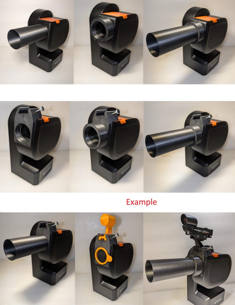 May include: A black 3D printed camera mount with an orange accent. The mount has a long black tube extending from the side. The mount is designed to hold a camera or other device. The mount is shown in various positions, including with the tube pointing straight ahead, to the side, and up.