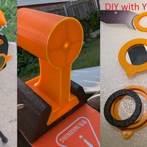 May include: A black and orange solar telescope with a tripod, a close-up of the orange solar filter, and a DIY project with your own solar film.