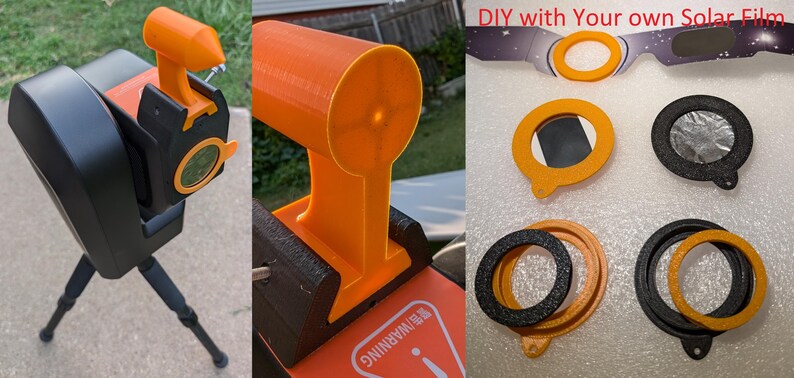May include: A black and orange solar telescope with a tripod, a close-up of the orange solar filter, and a DIY project with your own solar film.