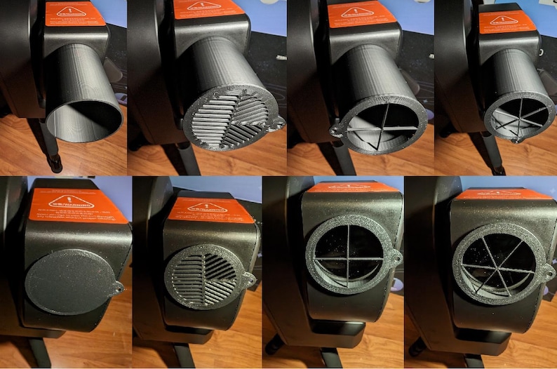 May include: A set of ten different 3D printed nozzle attachments for a 3D printer. The attachments are black and have various shapes and sizes. The attachments are designed to be used with a 3D printer to create different types of objects.