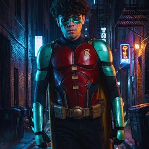 May include: A Robin costume featuring a red and black armoured chest piece with a yellow R emblem, metallic green shoulder, forearm, and shin guards, a utility belt, a yellow cape, and a green eye mask, worn in a dark, narrow city alleyway.