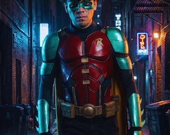 May include: A Robin costume featuring a red and black armored chest piece with a yellow R emblem, metallic green shoulder, forearm, and shin guards, a utility belt, a yellow cape, and a green eye mask, worn in a dark, narrow city alleyway.