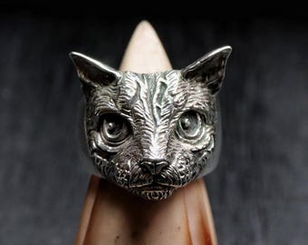 スターリングシルバーの猫の頭の指輪：手作りの猫のジュエリー - Etsy 日本