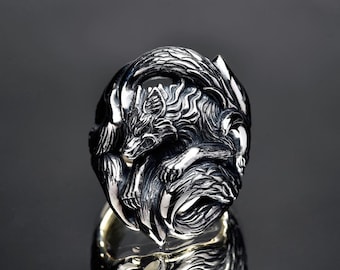 Sterling Silver Wild Wolf Ring | Unisex Animal Jewelry