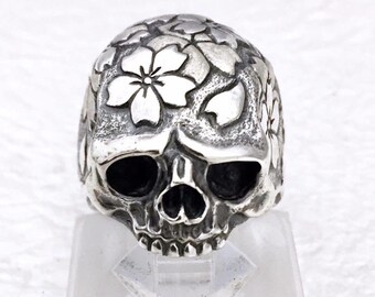 Skull Flower Ring, Sterling Silver Gothic Jewelry