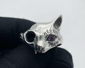 Anello con gatto. Anello fatto a mano in argento sterling 925 con gatto. Gioiello gotico. Regalo per lei/lui. Anello Memento Mori. Regalo per amanti degli animali. Gioiello per amanti dei gatti.
