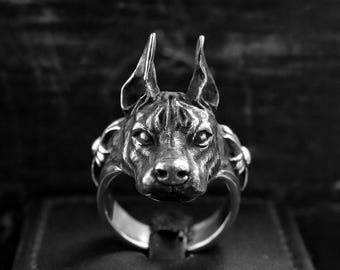 Sterling Silver Doberman Ring, Handmade Dog Memorial Jewelry