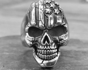 American Flag Skull Ring | Human Skull Ring | 925 Sterling Silver Biker Ring For Men | Goth Ring | Birthday Gift For Him | Silver Skull Ring