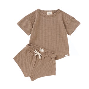 ROMP Waffle Shorts Set - Walnut | Organic Cotton Gender Neutral Baby Toddler Kids Summer Tshirt And Shorts Set 2-Piece Boys Girls Outfit