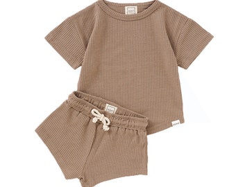 ROMP Waffle Shorts Set - Walnut | Baby Toddler Summer Tshirt Shorts Set Waffle Organic Cotton Cute Gender Neutral Baby Clothes Baby Outfit