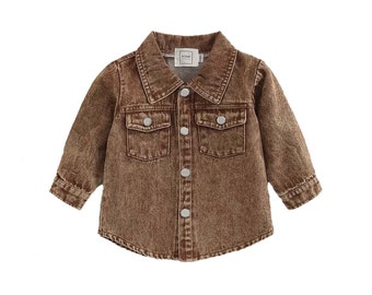 ROMP Denim Shacket - Brown | Gender Neutral Unisex Baby Girl Baby Boy Toddler Baby Clothes Baby Cotton Denim Distressed Jacket Outerwear